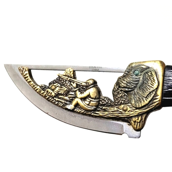 Collectors Vtg Brass and Stainless Steel Fixed Blade Knife w/Dog and Hunter … - Picture 13 of 16
